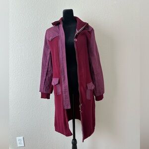Vintage COTTON/WOOL COAT DRESS/ SIZE L/with rhinestones on the back, Burgundy